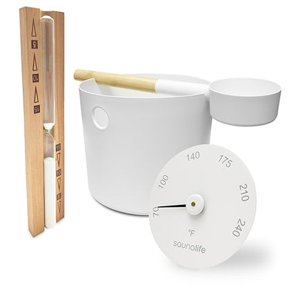 SaunaLife Essentials Set 2 Aluminum Sauna Bucket and Ladle Set w/ Sand Timer and Thermometer