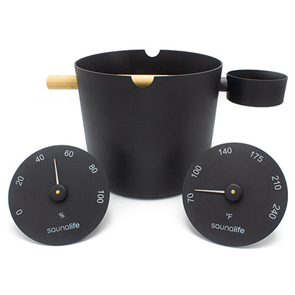 SaunaLife Essentials Set 5 Aluminum Sauna Bucket and Ladle Set w/ Black Thermometer and Hygrometer