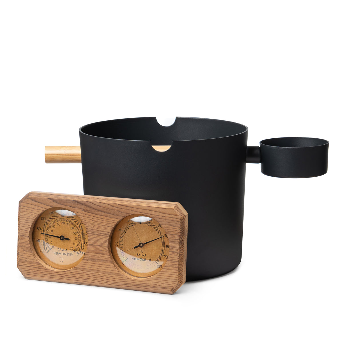 SaunaLife Essentials Set 7 Aluminum Sauna Bucket and Ladle Set w/ Wood Thermometer and Hygrometer
