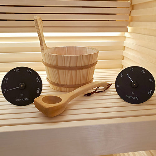 SaunaLife Essentials Set 3 Wood Sauna Bucket and Ladle Set w/ Black Thermometer and Hygrometer