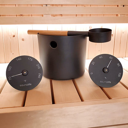 SaunaLife Essentials Set 5 Aluminum Sauna Bucket and Ladle Set w/ Black Thermometer and Hygrometer