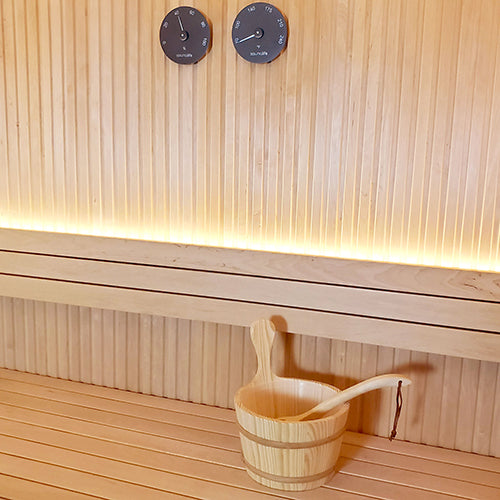 SaunaLife Essentials Set 3 Wood Sauna Bucket and Ladle Set w/ Black Thermometer and Hygrometer