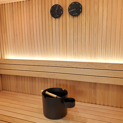 SaunaLife Essentials Set 5 Aluminum Sauna Bucket and Ladle Set w/ Black Thermometer and Hygrometer