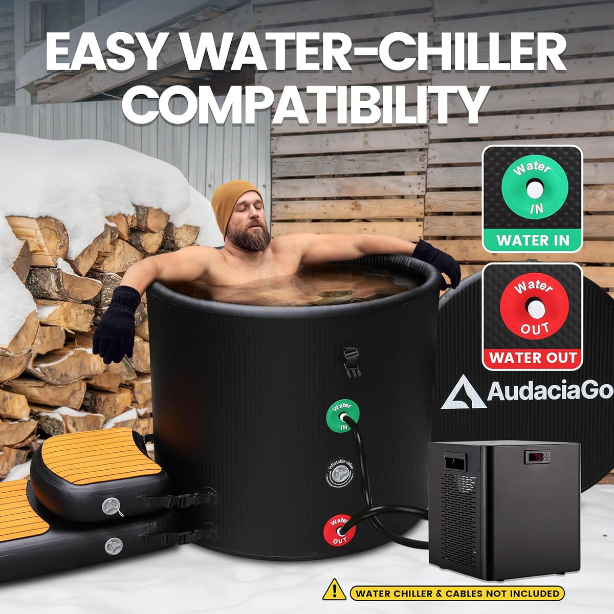 XXL Ice Bath Tub for Athletes, Compatible with Water Chillers, 186-Gallon Inflatable Cold Plunge Tub with Insulated Lid, Step, Thermometer, Water-Absorbent Mat, Portable for Outdoor & Indoor Recovery
