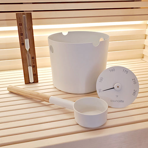 SaunaLife Essentials Set 2 Aluminum Sauna Bucket and Ladle Set w/ Sand Timer and Thermometer