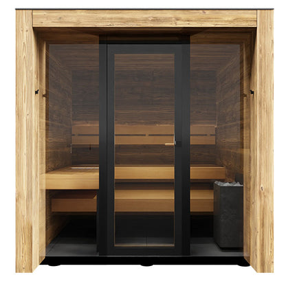 Sauna Cabin Fully Assembled Outdoor Sauna, Tinted Glass Front with Eave, Up to 4 Persons