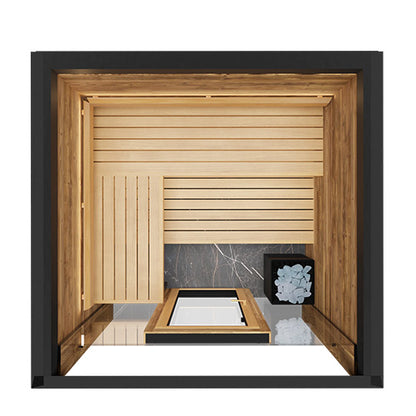 Sauna Cabin Fully Assembled Outdoor Sauna, Tinted Glass Front with Eave, Up to 4 Persons