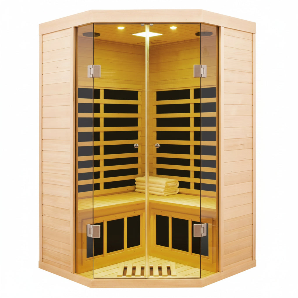 2-Person Corner Far Infrared Sauna Room - Hemlock Wood, Deluxe Transparent Glass Front, Large Capacity Home Sauna
