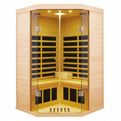 2-Person Corner Far Infrared Sauna Room - Hemlock Wood, Deluxe Transparent Glass Front, Large Capacity Home Sauna